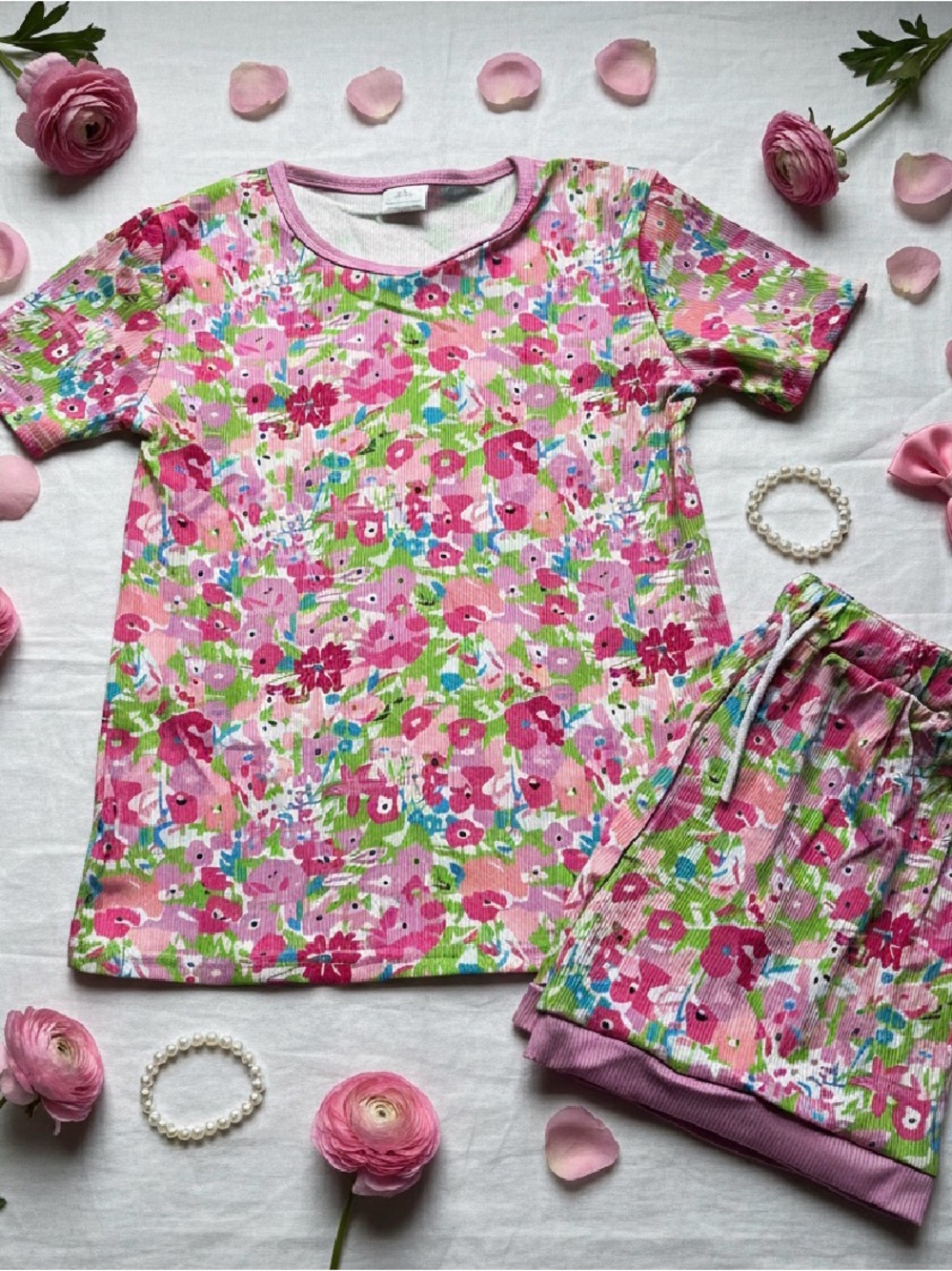 Girls' Pink Floral Short-Sleeve Set